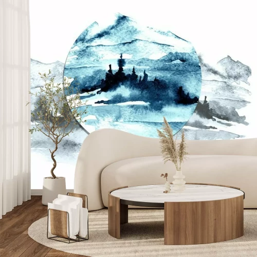 Sticker Waterverf beeld van bergen, bos met pijnbomen, spar, ceder. Abstracte vintage vlekken van zwart, wit, blauw. Op een witte achtergrond. Prentbriefkaar, foto, poster, logo.