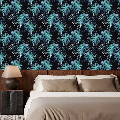 Behang Waterverf exotische naadloze patroon, groene tropische bladeren, botanische zomer illustratie op zwarte achtergrond