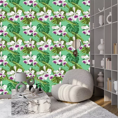 Behang Naadloze vector patroon van exotische vector getekende bloemen en bladeren. Tropische achtergrond.