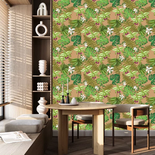 Behang Naadloze vector patroon van exotische vector getekende bloemen en bladeren. Tropische achtergrond.