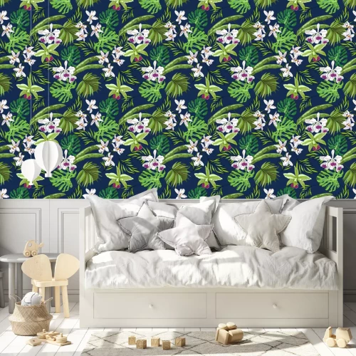 Behang Naadloze vector patroon van exotische vector getekende bloemen en bladeren. Tropische achtergrond.