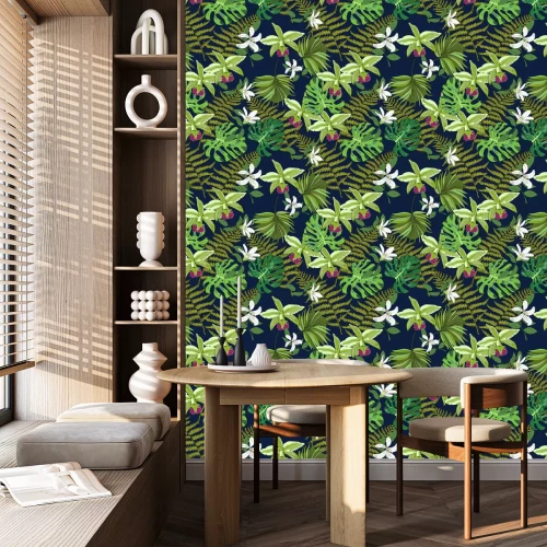 Behang Naadloze vector patroon van exotische vector getekende bloemen en bladeren. Tropische achtergrond.