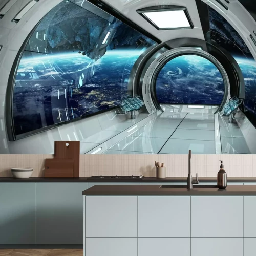 Fotobehang 3D galaxy van binnenin een ruimteschip