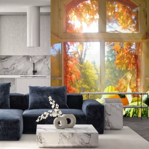 Fotobehang Uitzicht vanuit het raam op de herfsttuin