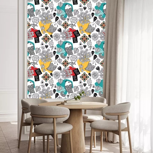 Behang Abstract motief met vogels, bladeren en bloemen