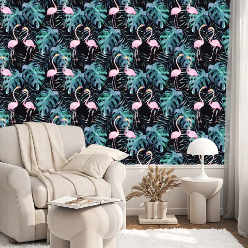 Behang Flamingo's en monsterabladeren op een zwarte achtergrond