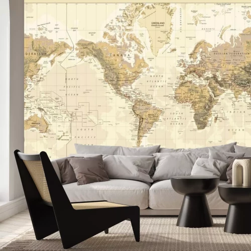 Sticker Vintage Fysieke Wereld Kaart-Amerika Gecentreerde-Kleuren Van Bruin