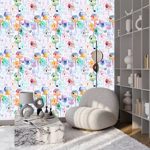 Behang Aquarel vogels en feeders