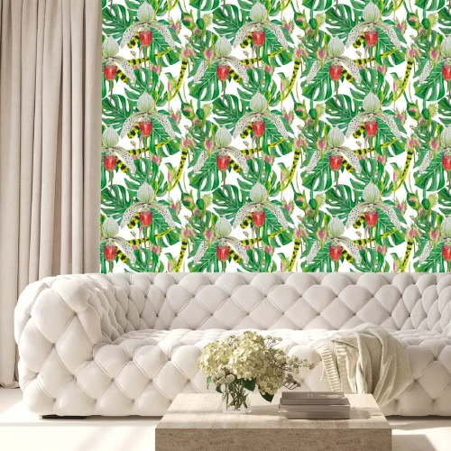 Behang Patroonbladeren van monsters en orchideeën, goed uitgelegd, geschikt voor druk op stof, papier. Achtergrond - wit