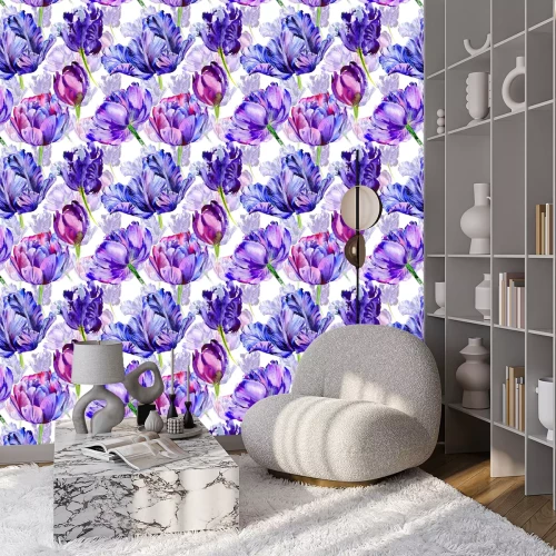 Behang Aquarelontwerp met tulpen op een witte achtergrond