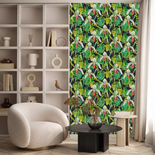 Behang Patroon bladeren van monsters en orchideeën. Achtergrond - zwart