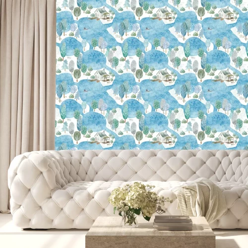 Behang Naadloos patroon van een visser's huis, eiland en tuin. Landschap van een bos, meer, brug en meer. Watercolor hand getekende illustratie. Blauwe achtergrond.