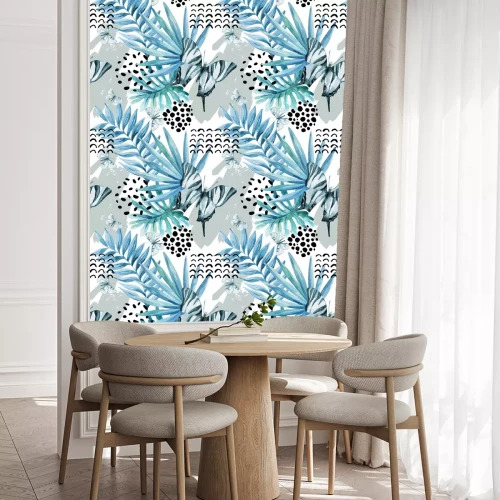 Behang Turquoise vlinders en exotische bladeren