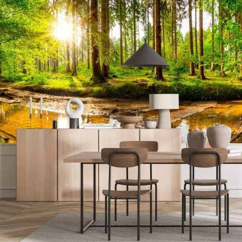 Fotobehang Beekje in een groen bos