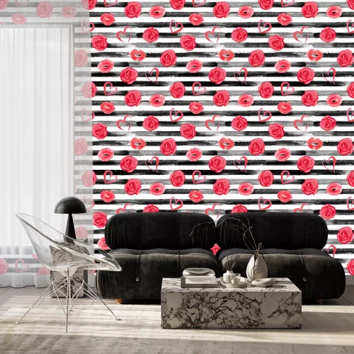 Behang Rose rode hartjes en lippen print
