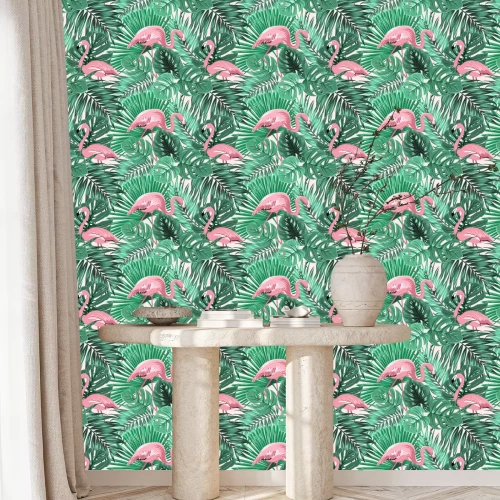 Behang Tropische naadloze patroon textuur met exotische groene palmbomen boom monstera bladeren en roze flamingo vogels paar. Vector ontwerp illustratie voor achtergrond, decoratie, mode, stof, textiel.