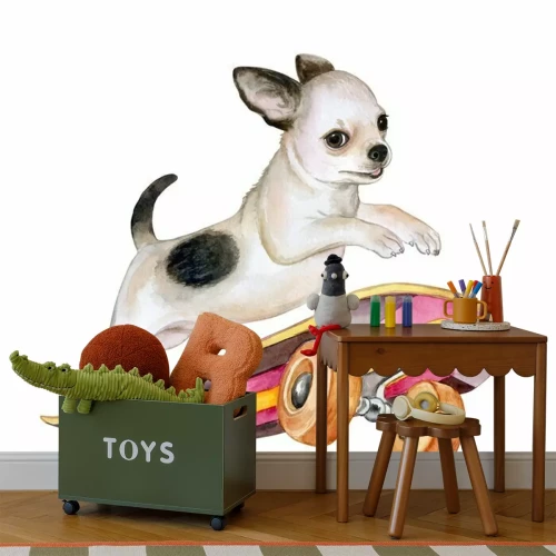 Sticker Een chihuahua hond op een skateboard. Puppy geÃ¯soleerd op een witte achtergrond. Waterverf. Illustratie