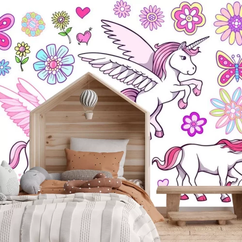 Sticker Eenhoorns tussen de bloemen