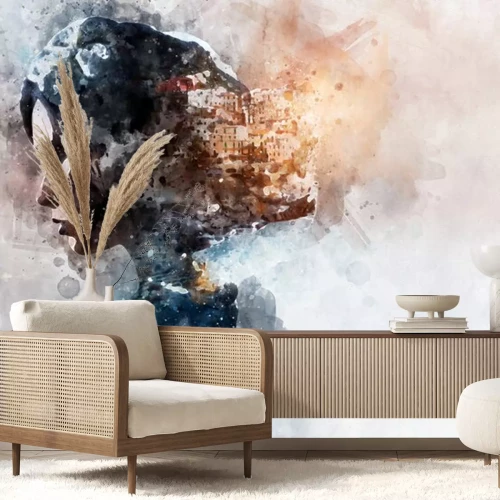 Sticker Digitaal waterverf schilderij. Dubbele blootstelling. Vrouw en uitzicht op Manarola.