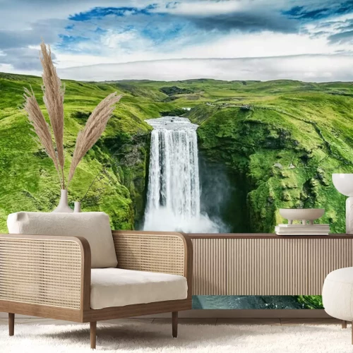 Fotobehang De IJslandse Skogafoss-waterval vanuit vogelperspectief