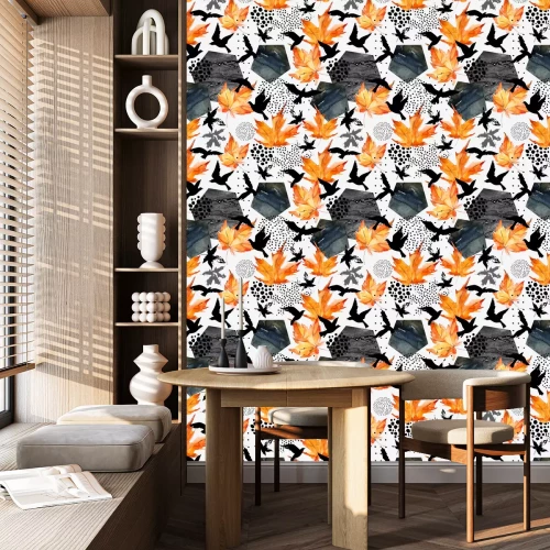 Behang Thema met stipvogels en herfstbladeren