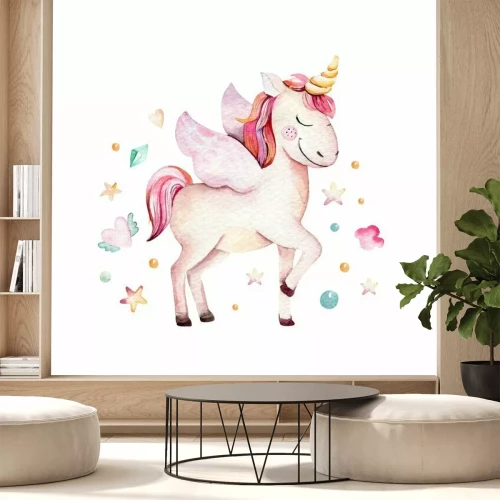 Sticker Lachende eenhoorn met vleugels