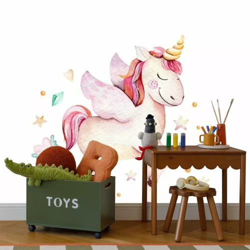 Sticker Lachende eenhoorn met vleugels