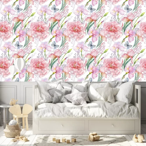 Behang naadloze patroon .irises peonies bloemen butterfly.exotic druk stof, Wallpaper.watercolor illustratie.