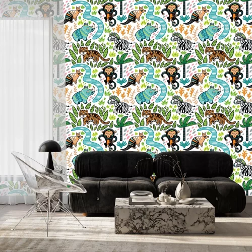 Behang Vector naadloze tropische patroon met decoratieve dieren karakters