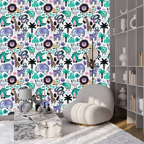 Behang Fashion safari naadloos patroon met jungle dieren in vector