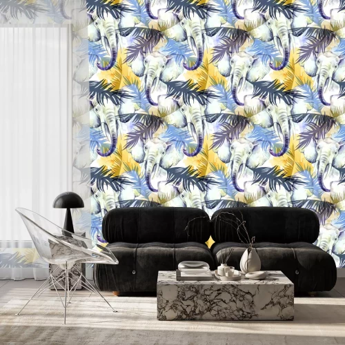 Behang Waterverf exotische naadloze patroon. Olifanten met kleurrijke tropische bladeren. Afrikaanse dieren achtergrond. Wildlife art illustration. Kan worden afgedrukt op T-shirts, tassen, posters, uitnodig