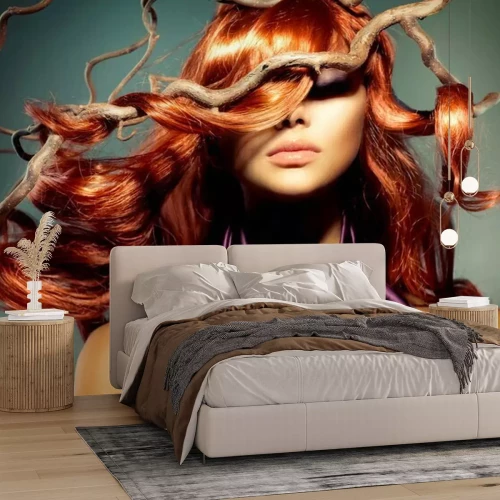 Fotobehang Vrouw en kapsel met takken