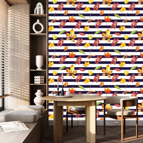 Behang Naadloze heldere herfstbladeren op gestreepte achtergrond