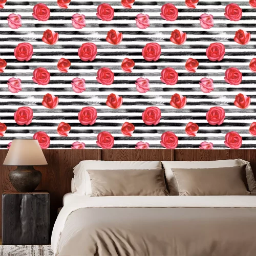 Behang Rozen rood tegen de achtergrond van horizontale strepen