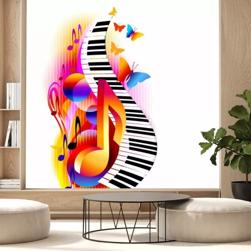 Sticker Kleurrijke 3d muziek notities met piano toetsenbord en vlinder. Muziek achtergrond voor poster, brochure, banner, flyer, concert, muziekfestival