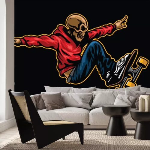 Sticker schedel rijden skateboard