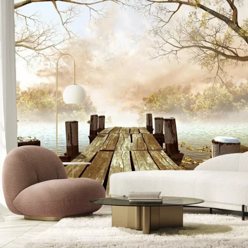 Fotobehang Brug in het mistige landschap