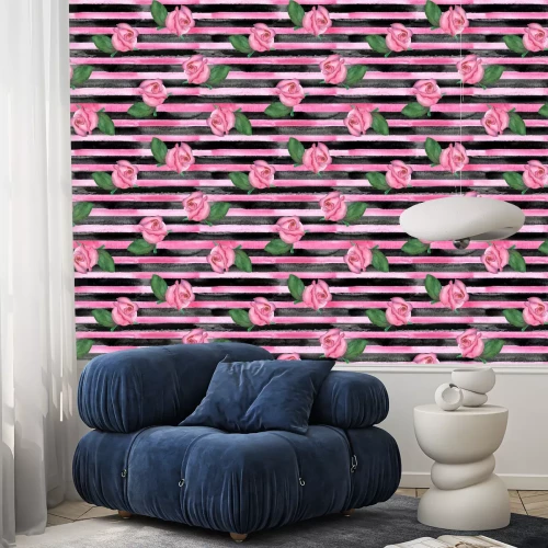 Behang Roze rozen op horizontale strepen