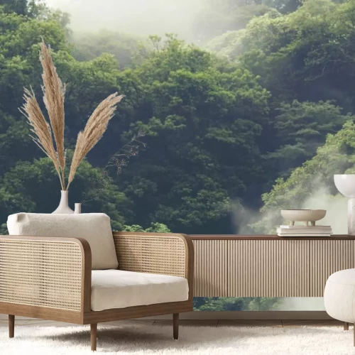 Fotobehang Tropisch bos in het mistige natuurlijke landschap