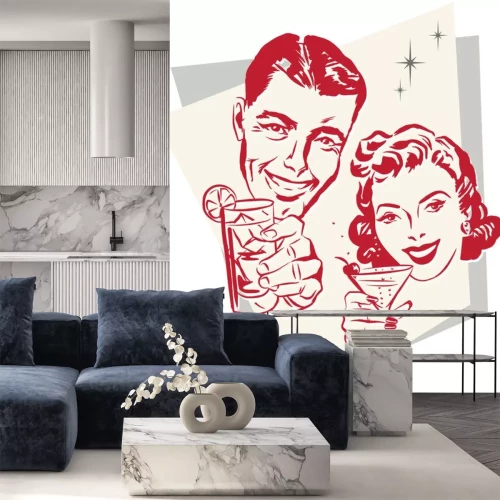 Sticker Glimlachende jaren 1950-paar een toast met cocktailbril opheffen