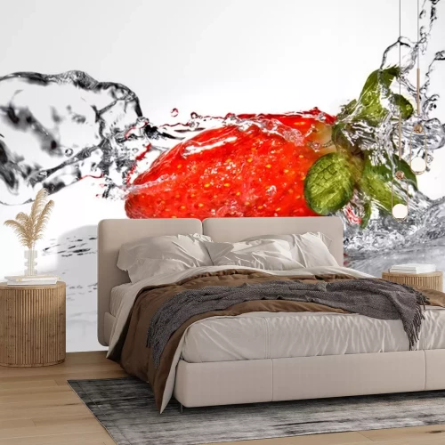 Sticker Verse aardbeien en water splash op een witte