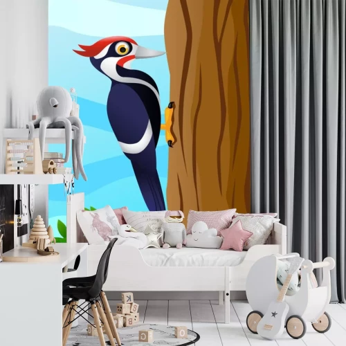 Sticker Specht op een boom kleurrijke afbeelding