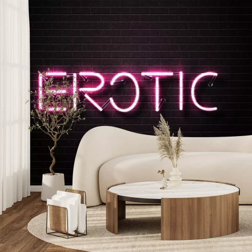 Sticker Vector realistische geïsoleerde neon teken van roze Erotische tekst voor decoratie en bedekking op de muur achtergrond. Concept van erotische show en nachtclub.