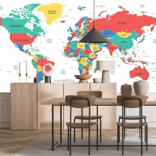 Fotobehang Gedetailleerde wereldkaart met grenzen, landen en steden