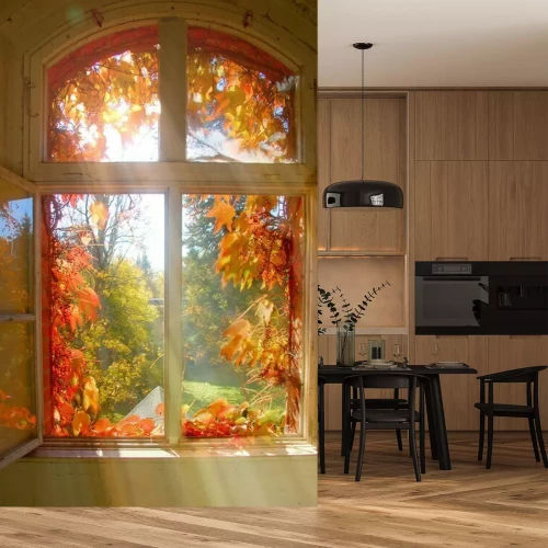 Fotobehang Venster met herfstklimop