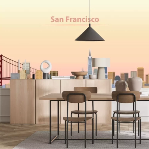 Sticker vector illustratie van de skyline van San Francisco bij zonsopgang