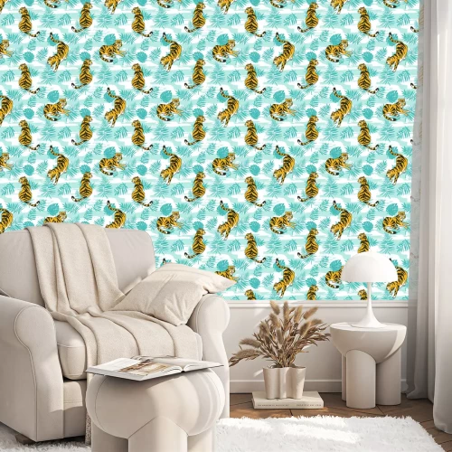 Behang Tropisch naadloos patroon met tijgers en palmbladeren. Vector dierlijk ontwerp voor stof, omslagpapier of behang. Exotische kunst achtergrond.