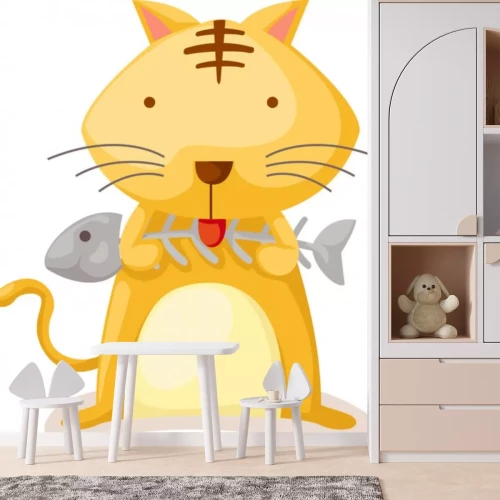 Sticker Een gele kat die de botten van een gegeten vis vasthoudt