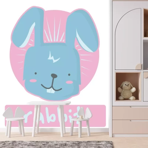 Sticker Tekening van een blauw konijn met een Engels onderschrift