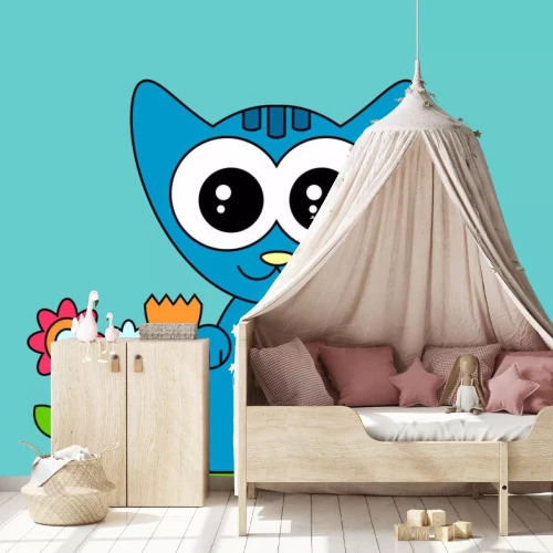 Sticker Blauwe kat tussen bloemen minimalistische afbeeldingen